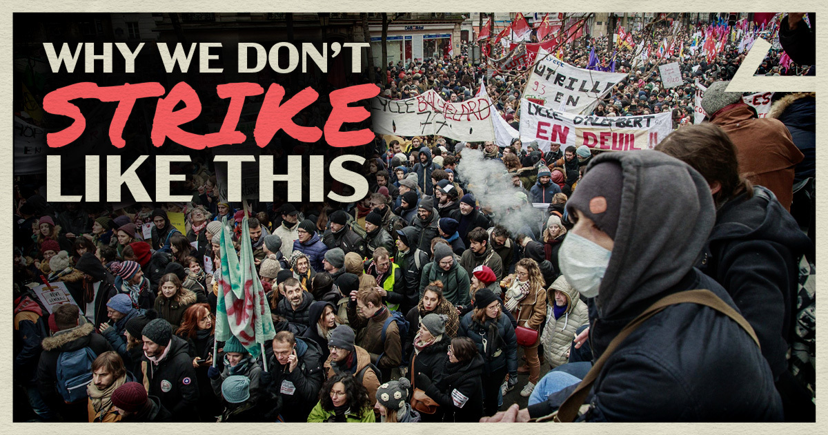 Video thumbnail depicting a large crowd at a French protest. On-screen text reads 'why we don't strike like this.'
